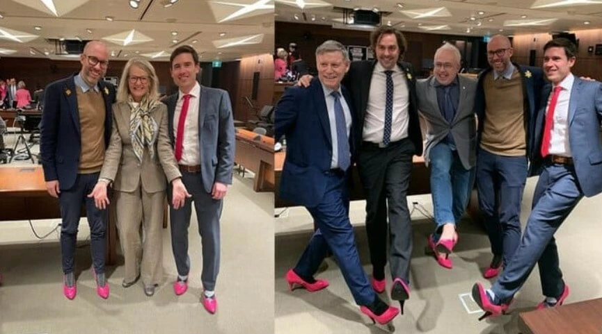 Kanada'da erkek milletvekillerinden kadına şiddet için dikkat çeken protesto! 'Pembe topukluyla' Meclis'te yürüdüler