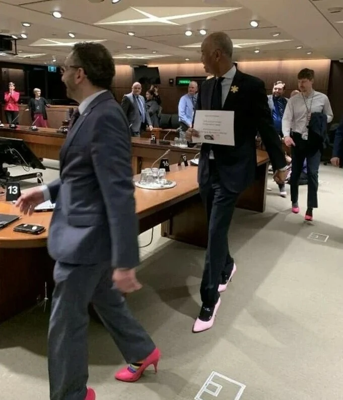 Kanada'da erkek milletvekillerinden kadına şiddet için dikkat çeken protesto! 'Pembe topukluyla' Meclis'te yürüdüler