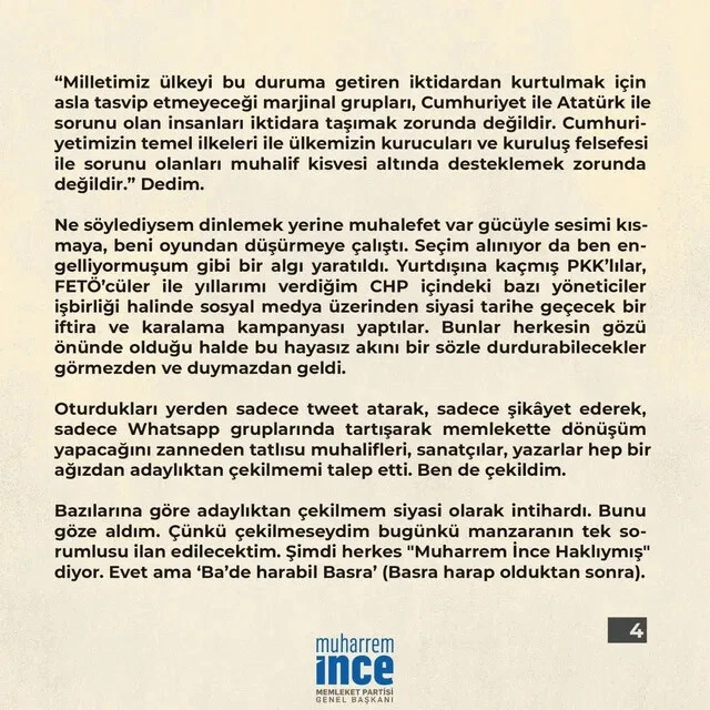 Muharrem İnce 6’lı masayı bombaladı: FETÖ ve PKK ile görüntü verip salon siyasetinden medet umdular