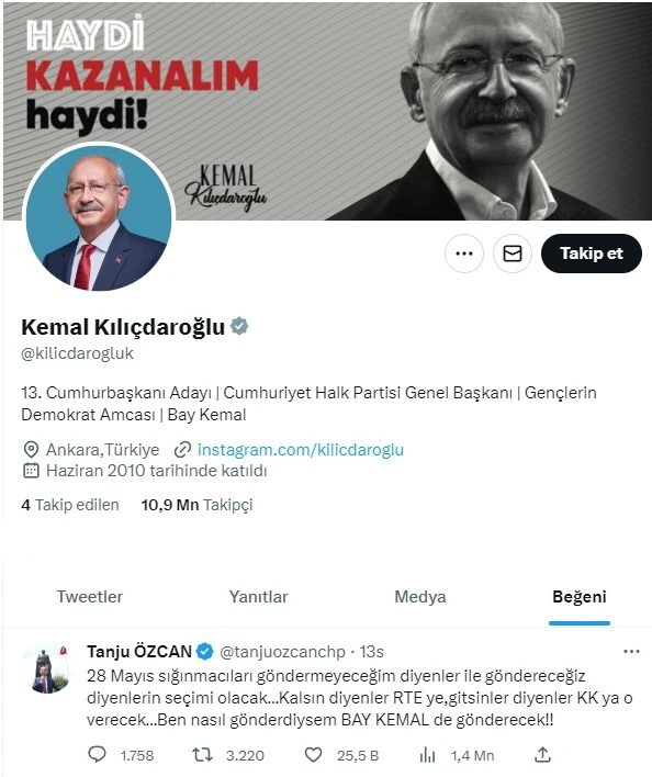 Tanju Özcan’ın 'sığınmacı' paylaşımını Kemal Kılıçdaoğlu beğendi! Tanju Özcan’ın 'sığınmacı' paylaşımını Kemal Kılıçdaoğlu beğendi!
