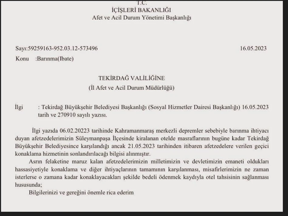 Tekirdağ'da belediye tarafından konaklamaları sonlandırılan depremzedelere AFAD sahip çıktı