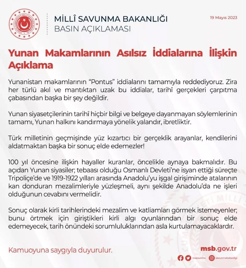 MSB'den Yunanistan'ın 'Pontus' paylaşımına sert cevap: İddiaları reddediyoruz