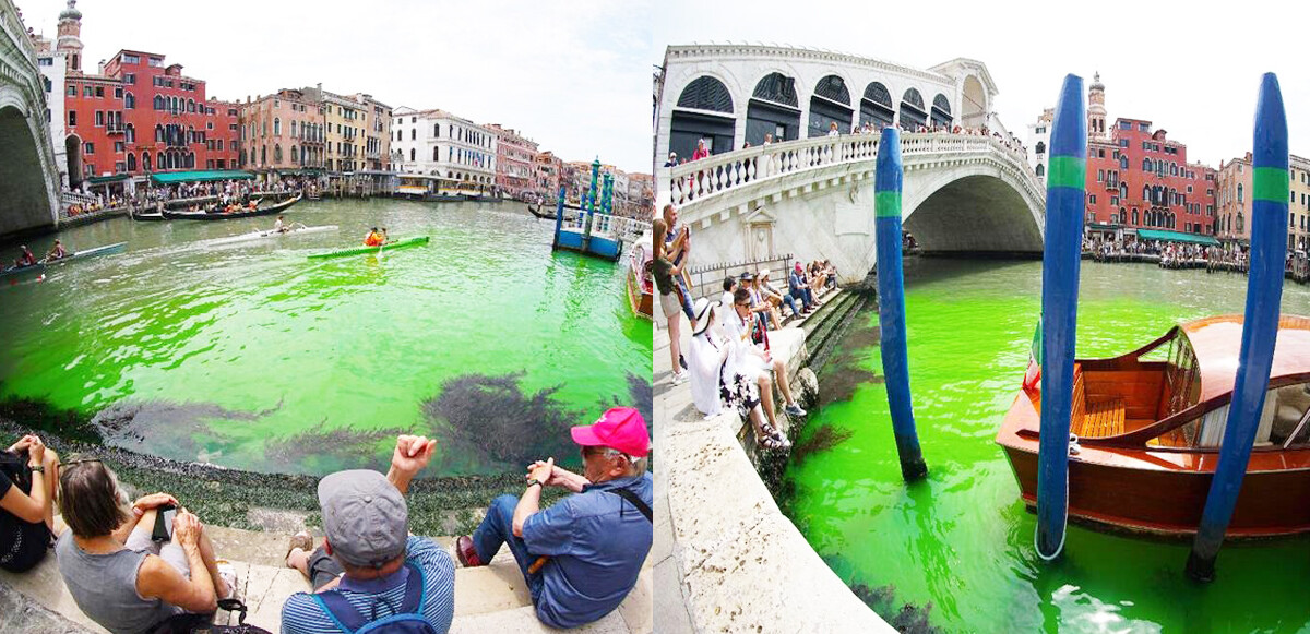 Venedik&#039;in ünlü kanalı yeşile boyandı, görenler neye uğradığını şaşırdı