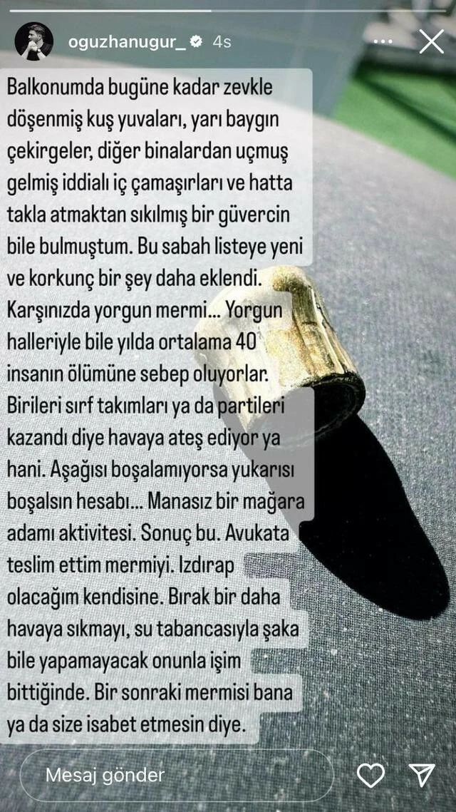 Oğuzhan Uğur balkonunda bulduğu mermiyi paylaştı, çok sert ifadelerle tepki gösterdi!