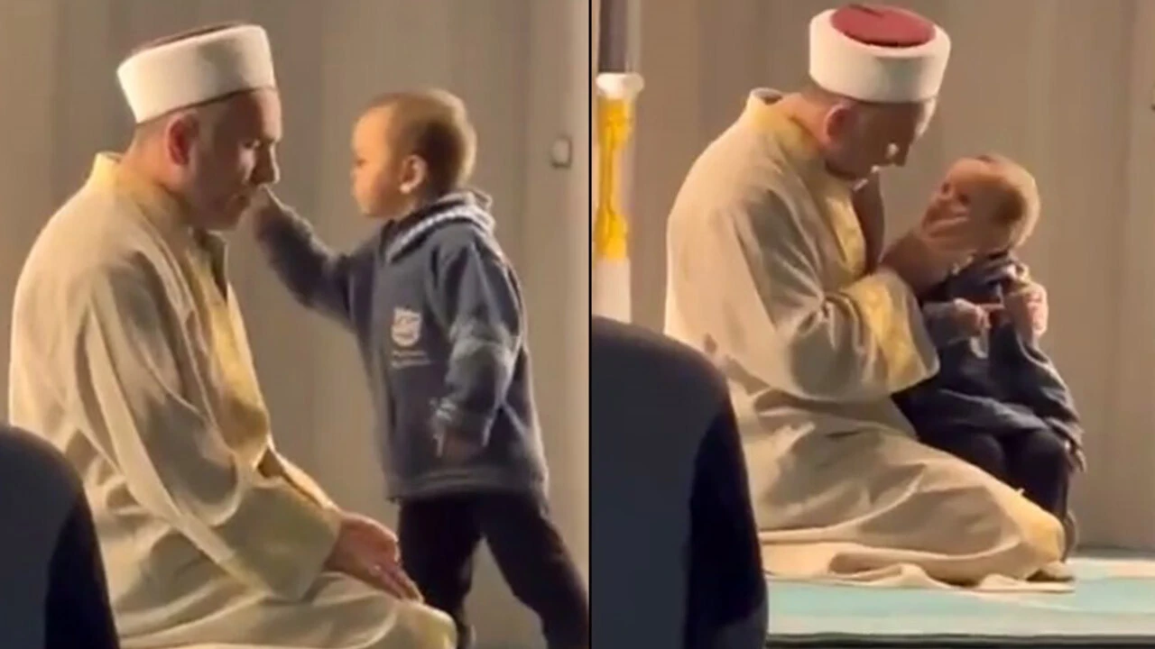 Önce izledi, sonra yüzüne dokundu... Kur'an okuyan imamla şakalaşan muzip çocuğun görüntüleri gündem oldu