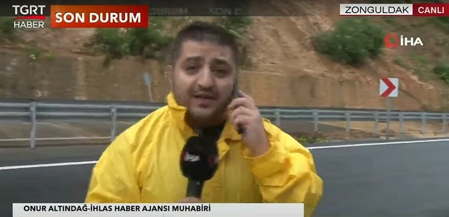 İHA muhabiri canlı yayında heyelana yakalandı