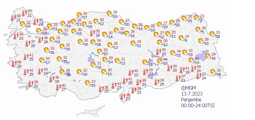 13 Temmuz Perşembe günü ise sıcaklıklar yükselmeye başlıyor