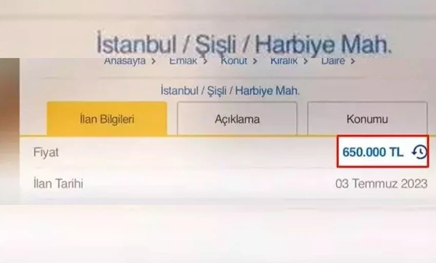 Şişli'de bulunan 7 odalı bir daire için aylık 650 Bin TL kira isteniyor.