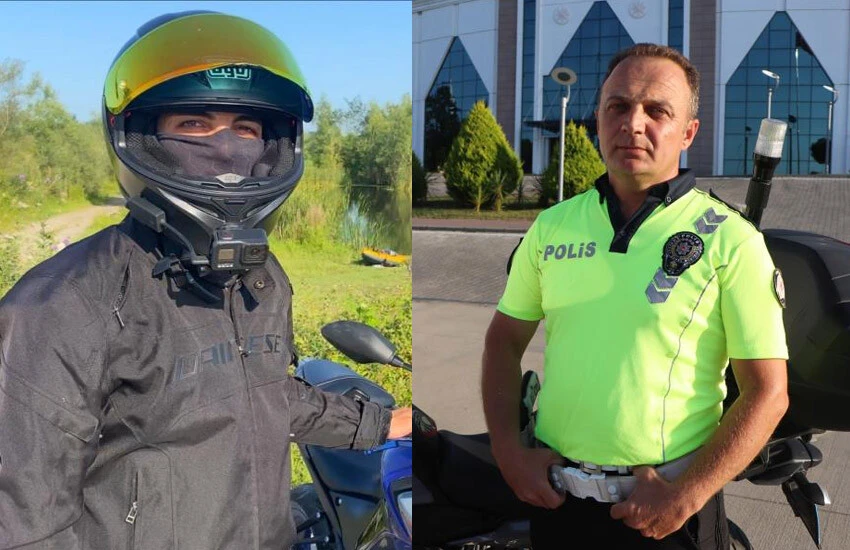 Trafik polisi Alper Gökhan Yıldırım, motosiklet sürücüsüne verdiği öğütlerle yürekleri fethetti.