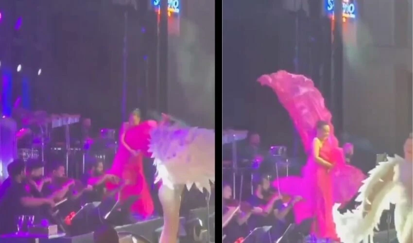 Ebru Gündeş sahnede ne yapacağını bilemedi! Elbisesinin azizliğine uğradı