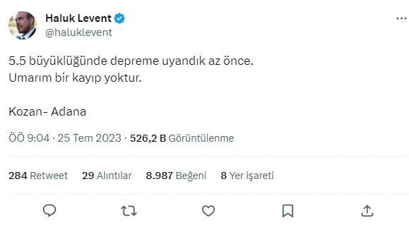 Adana’da bulunan Haluk Levent'ten deprem paylaşımı!
