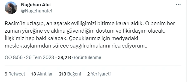 Nagehan Alçı boşanma kararını açıkladı: Rasim Ozan Kütahyalı her zaman dostum ve fikirdaşım olacak!