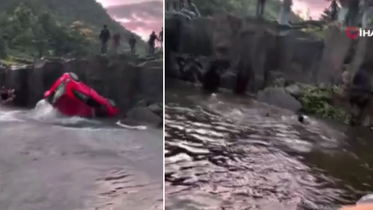 Şelaleden kayan araçtan kızını kurtarmak isterken beraber düştüler! İşte o facia anları