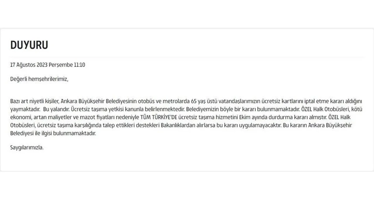 'Ankara'da 65 yaş üstüne ücretsiz ulaşım iptal' iddiasına belediyeden yalanlama 