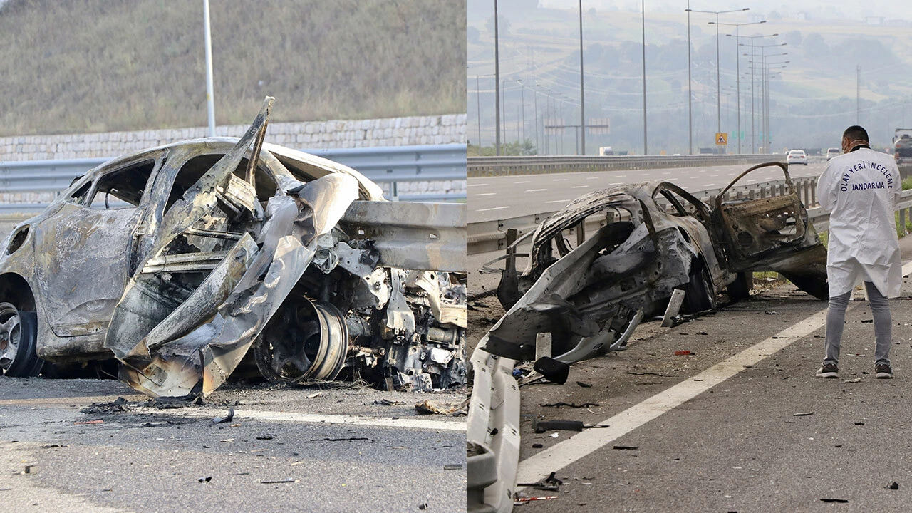 Bariyerlere ok gibi saplanan otomobilde yanarak can verdiler