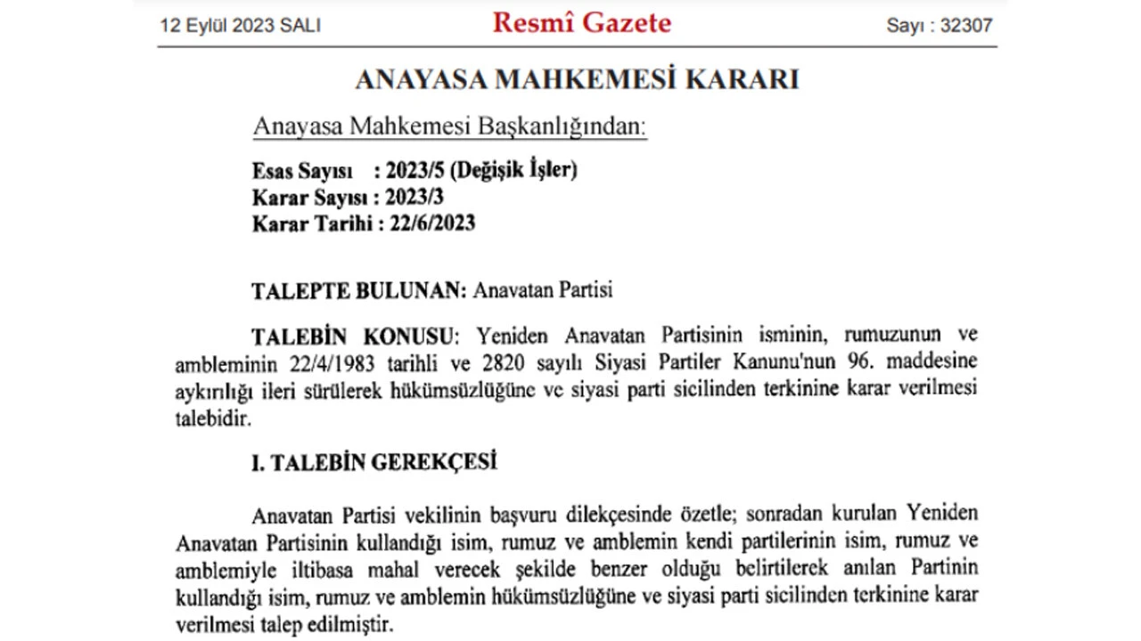 AYM Yeniden Anavatan Partisi kararını verdi