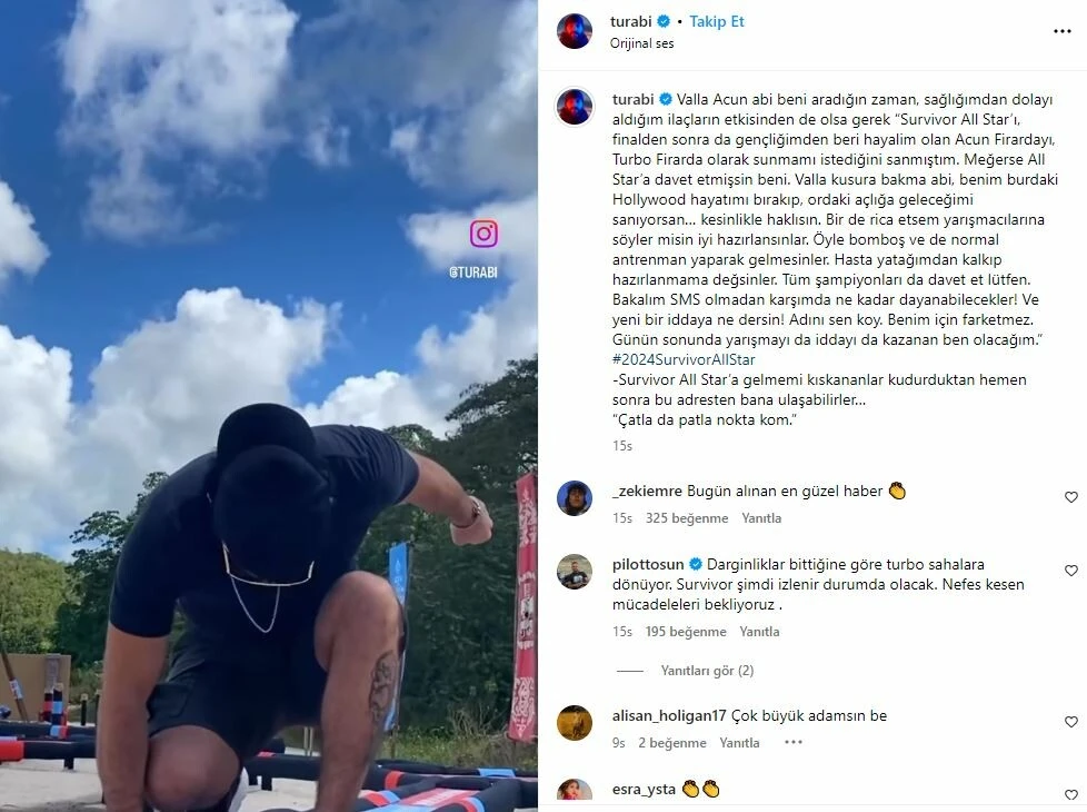 Survivor’a katılan Turabi’den rakiplerine ilginç meydan okuma! Çatla patla nokta kom...