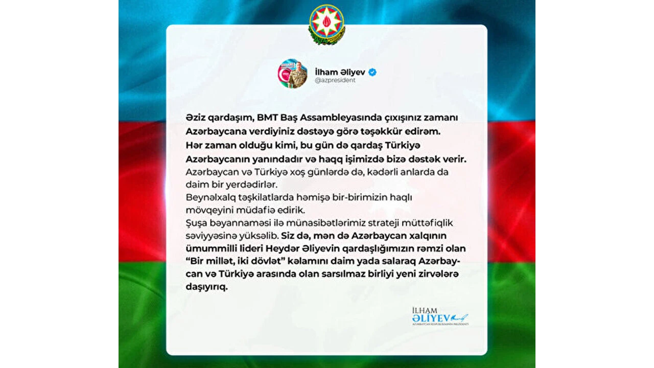 Cumhurbaşkanı Erdoğan'a Aliyev'den BM teşekkürü: Bugün de yanımızda