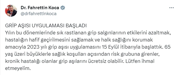 Sağlık Bakanı Koca'dan grip aşısı uyarısı: 15 Eylül'de başlattık, lütfen ihmal etmeyelim!