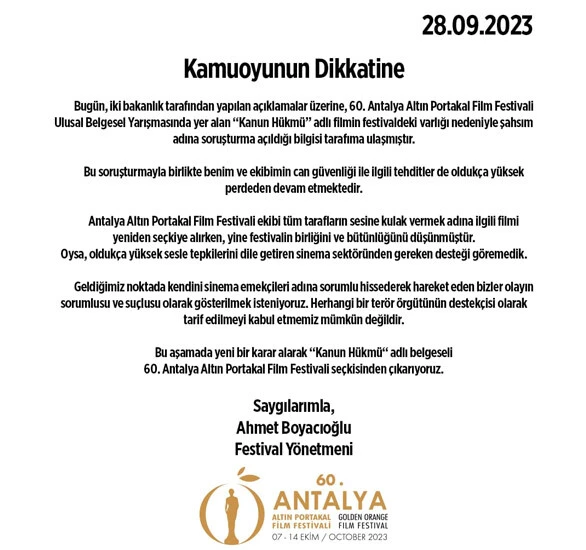 Altın Portakal geriliminde ikinci perde: Kültür Bakanlığı festivalden çekildi, 'Kanun Hükmü' seçkiden tekrar çıkarıldı