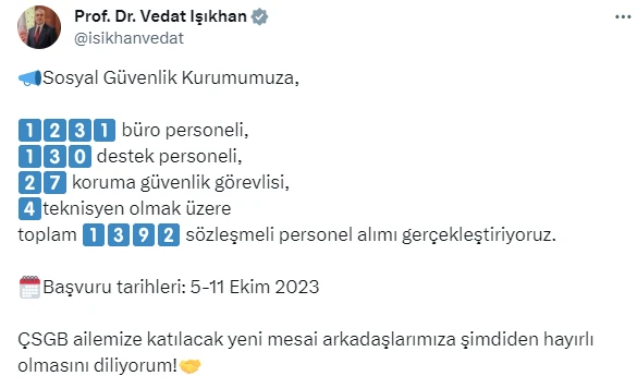 SGK sözleşmeli personel alımı yapacak! Bakan Işıkhan duyurdu: 1392 kadro açıldı