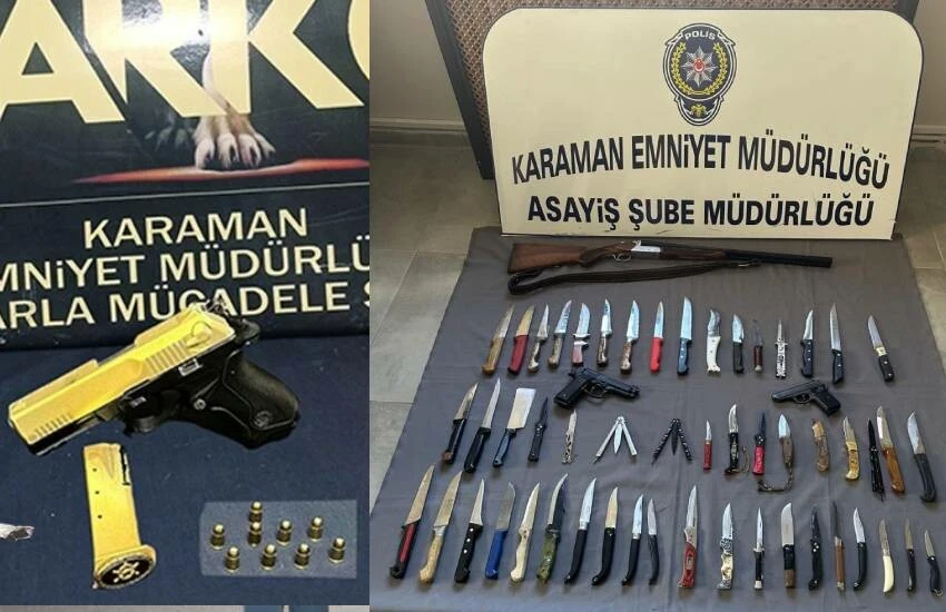 Yok artık dedirten manzara! Karaman'da asayiş uygulamasında 52 adet bıçak ele geçirildi