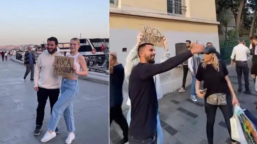 Taksim'de bir garip olay! Genç kadın 'Koca arıyorum' dövizi açtı: Bu bir şaka değil...