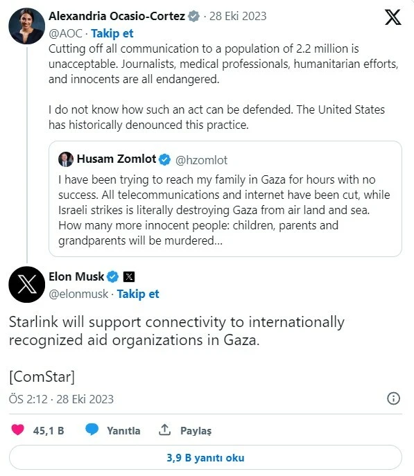 Elon Musk 'Gazze'ye Starlink' çağrılarına sessiz kalamadı: Uydular Filistin'de aktif edilecek