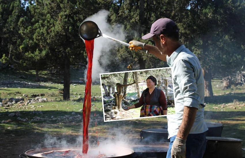 Andız pekmezi geleneksel yöntemlerle hazırlanıyor.