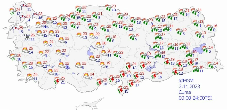 Sel, dolu, yıldırım... Meteoroloji 13 ili uyardı: Kuvvetli geliyor! (3 Kasım 2023 Cuma il il hava durumu)