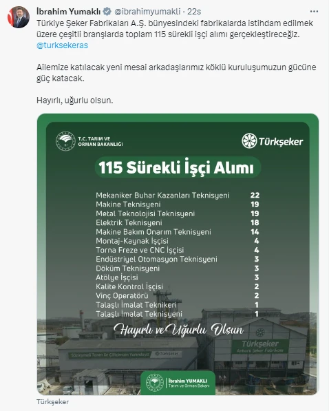 Tarım ve Orman Bakanı duyurdu: Türkşeker’e 115 sürekli işçi alınacak