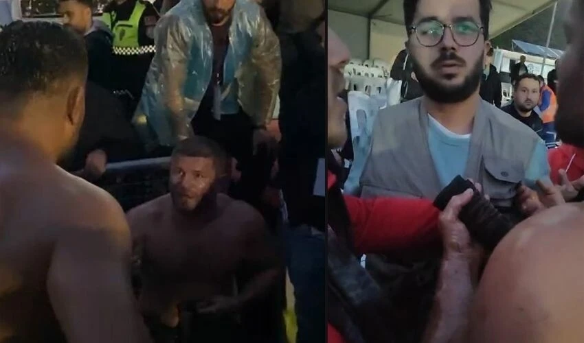 Rakibine sinirlenip güreşten çekilen İsmail Balaban, muhabirin yakasına yapıştı