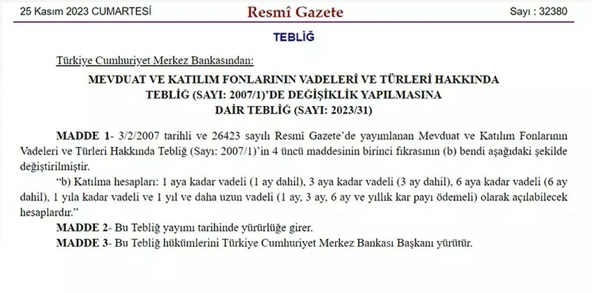 Resmi Gazete'de yayımlandı: Katılım hesaplarında vade türleri değişti