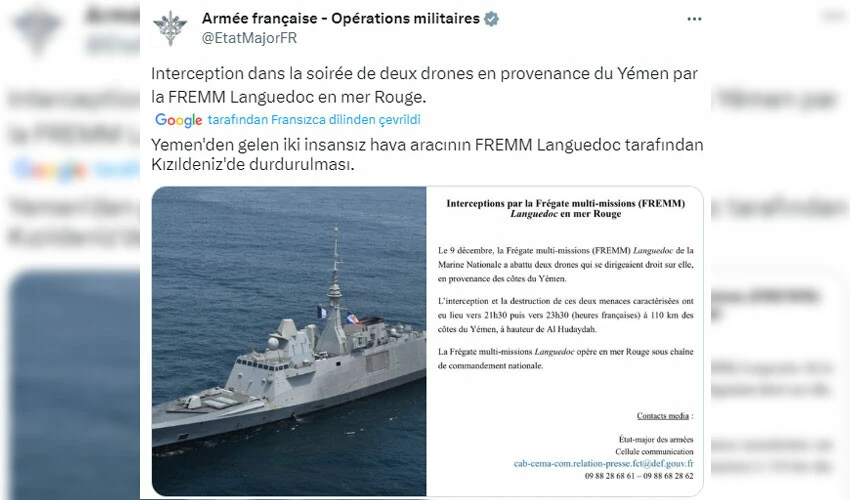 Fransa, Kızıldeniz'de 2 İHA'yı düşürdüğünü duyurdu