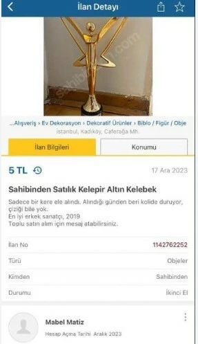 Mabel Matiz Altın Kelebek ödülünü satışa çıkardı, ilanı görenler şaştı kaldı