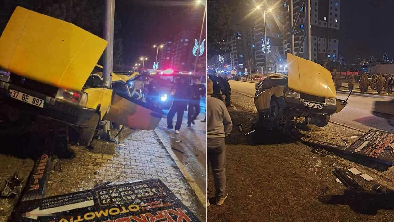 Otomobil çarptığı direkte asılı kaldı: 4 yaralı