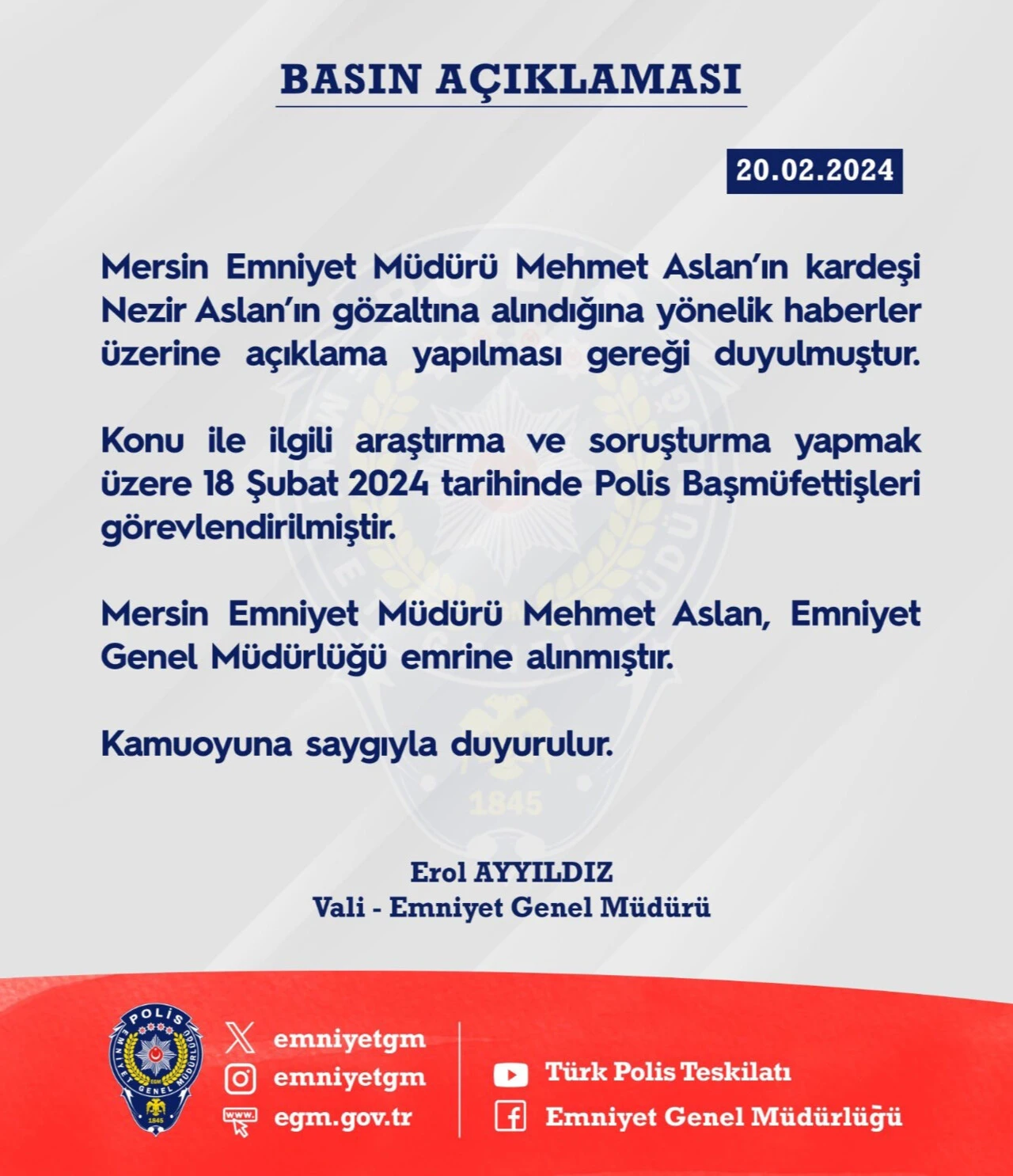 Mersin Emniyet Müdürü Aslan, Emniyet Genel Müdürlüğü emrine alındı