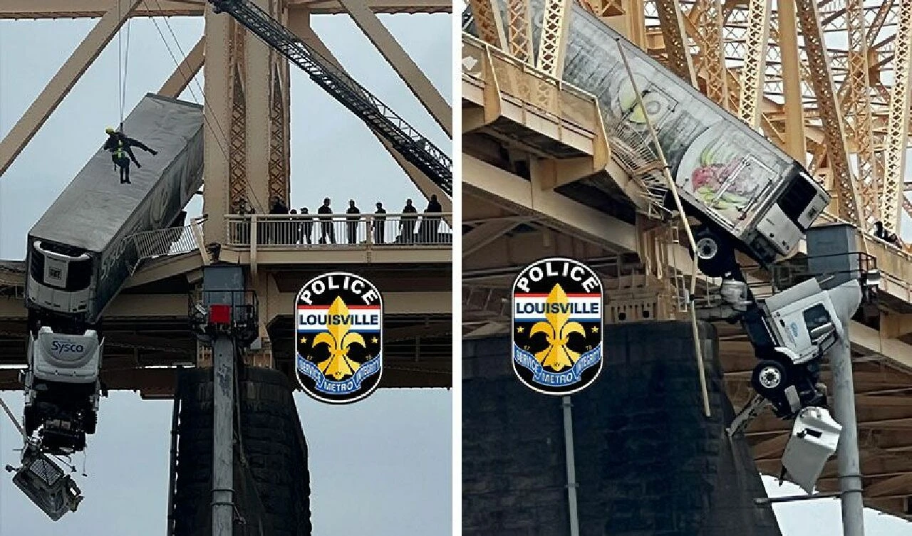 Köprü bariyerlerine çarpan kamyon havada asılı kaldı