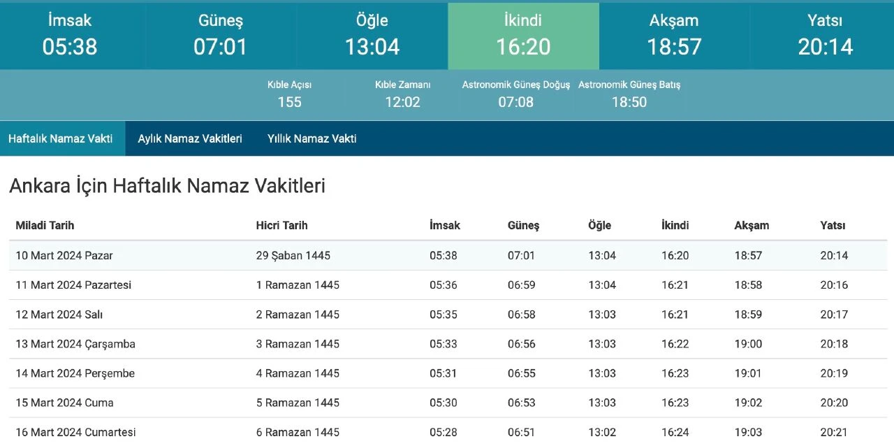 Ankara'da İmsak Saatleri - 2024