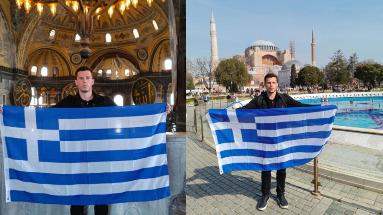 Ayasofya Camii&#039;de Yunan bayraklı çirkin provokasyon! Notu fotoğraftan daha skandal