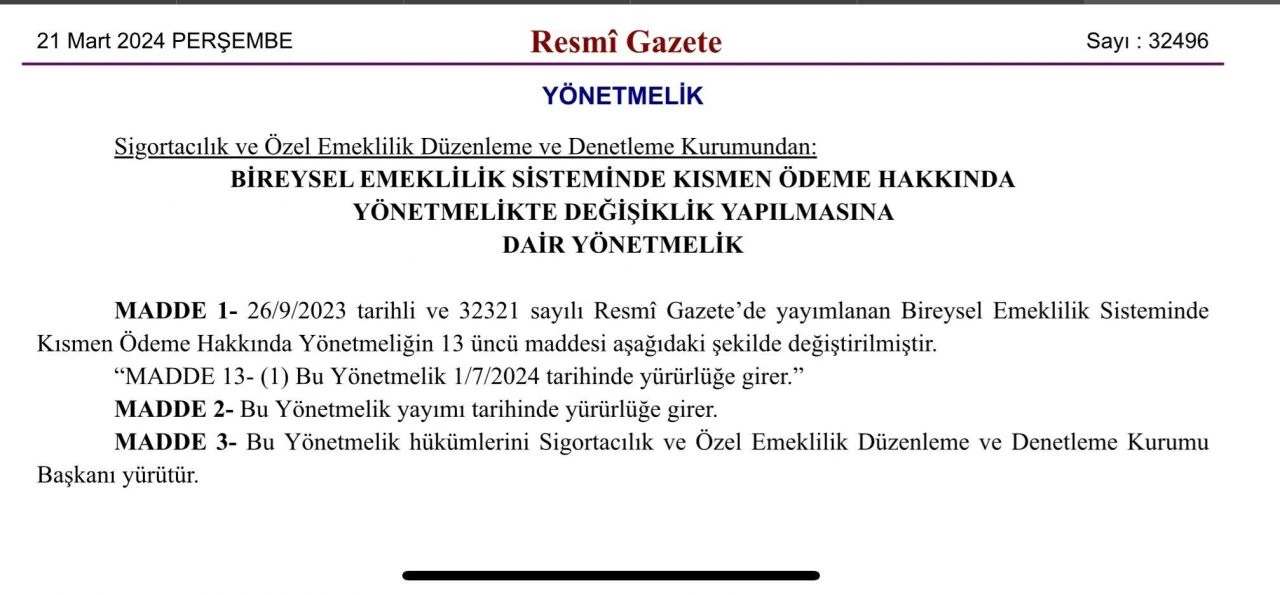 Cumhurbaşkanlığı Resmi Gazete'de duyurdu: BES'te kısmi ödeme uygulaması ertelendi - 1. Resim