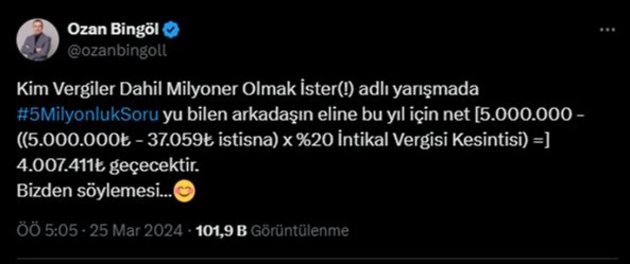 Kim Milyoner Olmak İster yarışmasında 5 milyonu kazanan yarışmacının eline ne kadar para geçecek?
