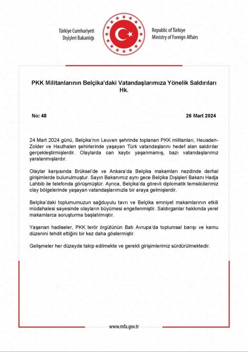 Dışişleri Bakanlığı'ndan PKK'lıların Belçika’daki Türk vatandaşlarına saldırısıyla ilgili açıklama