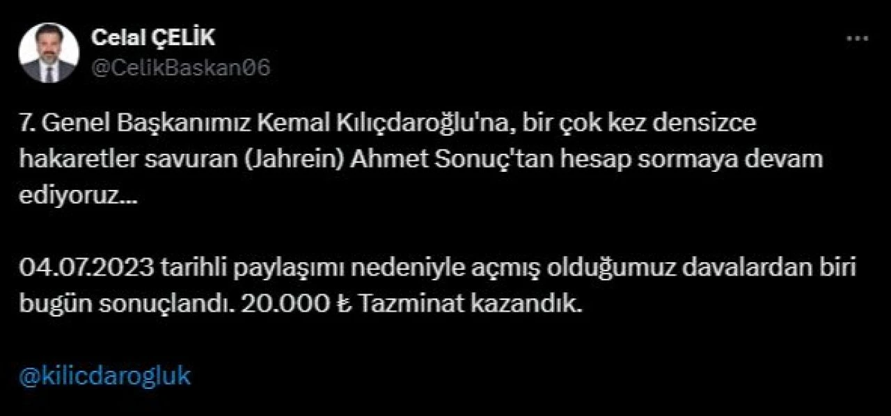 Jahrein, Kemal Kılıçdaroğlu'na 20 bin TL tazminat ödeyecek