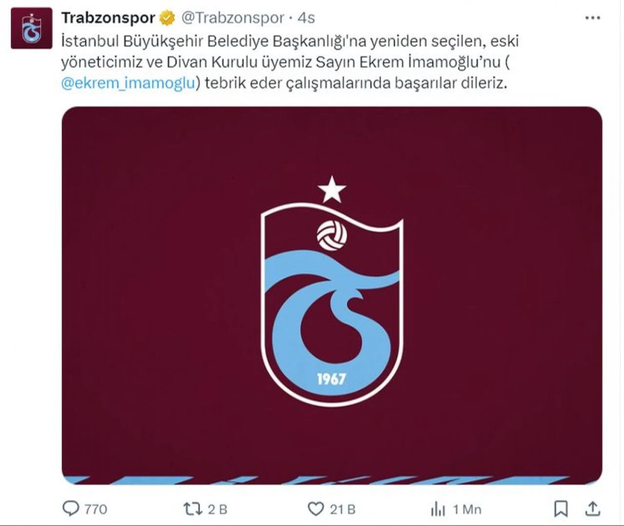 Trabzonspor'dan Ekrem İmamoğlu'na tebrik 