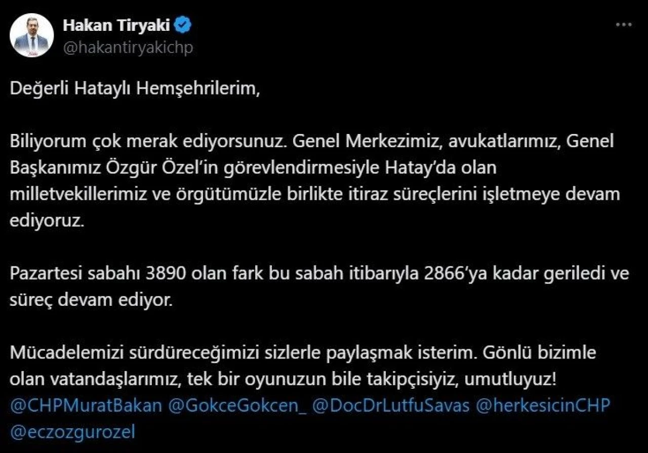 Hatay'da oy farkı azalıyor! CHP İl Başkanı açıkladı