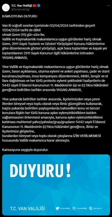 Van'daki son olayların ardından Van Valiliği gösterileri ve yürüyüşleri yasakladı