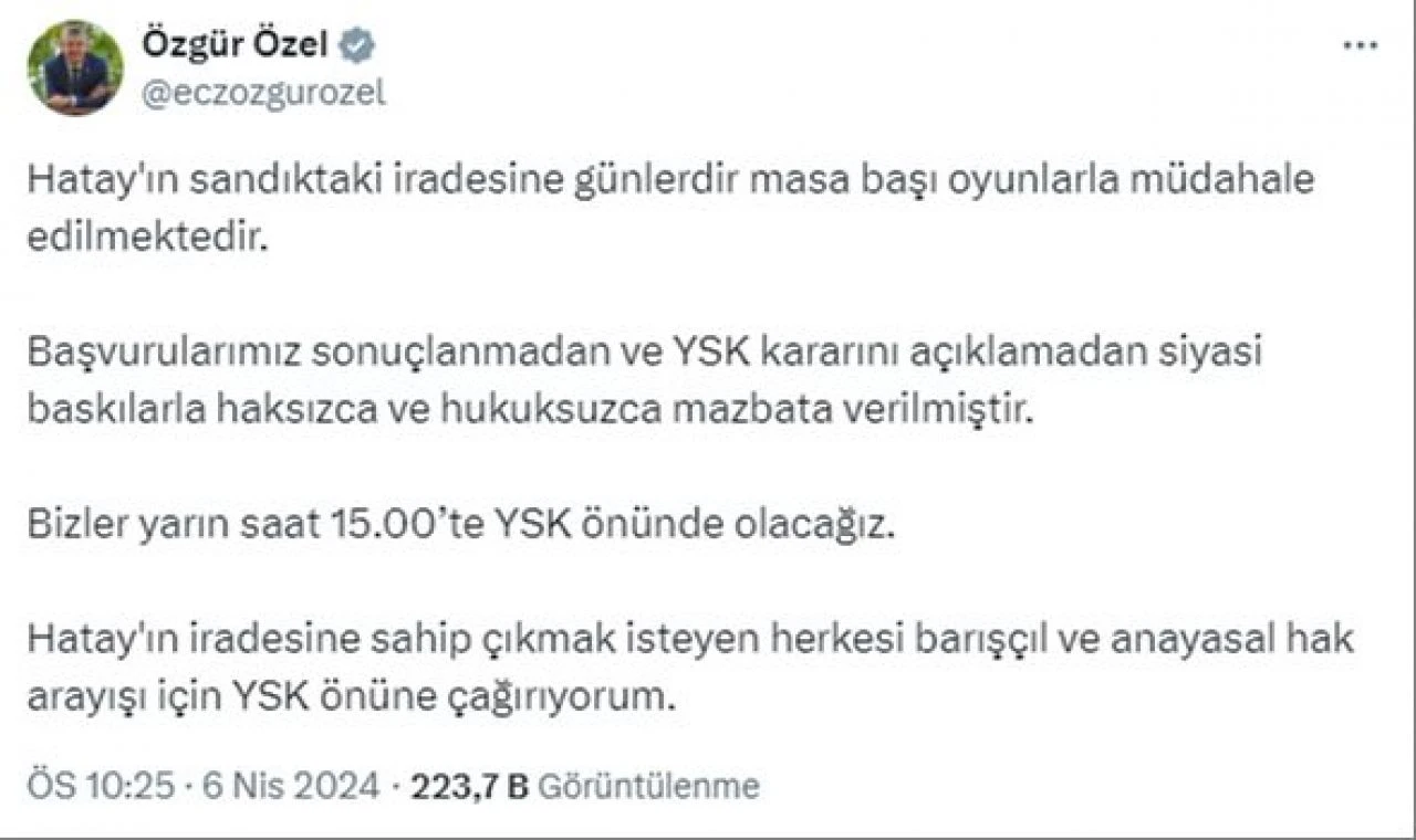 Özgür Özel'den Hatay çağrısı: Yarın YSK önünde olacağız  - 1. Resim