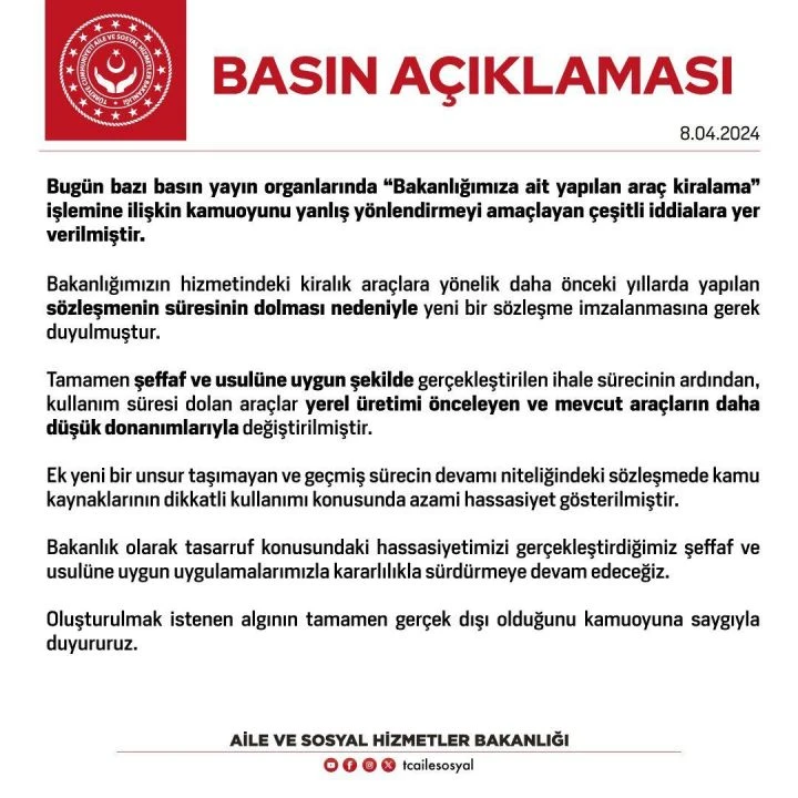 Bakanlıktan 23 aracın kiralanmasına yönelik iddialara cevap