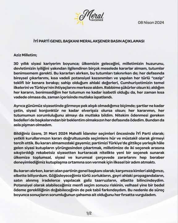 Meral Akşener aday olmayacak